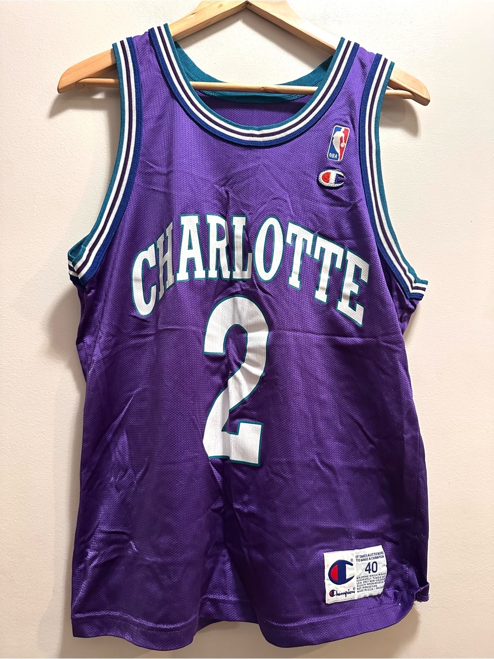 VINTAGE 90s Charlotte Hornets Jersey Mens 40 NBA Larry Johnson Champion